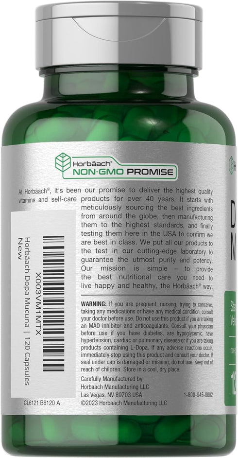 Horbaach Dopa Mucuna 120 Capsules | Velvet Bean Extract | 15% L-Dopa | Non-GMO & Gluten Free Herbal Supplement
