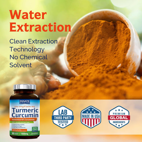 Innate Vitality Turmeric Curcumin Supplement, 1800mg with Black Pepper for Joint Support, 90 Vegan Caps