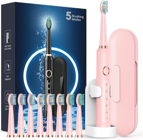 Rtauys M5 Sonic Electric Toothbrush for Adults, Rechargeable with 8 Brush Heads & Travel Case, Pink