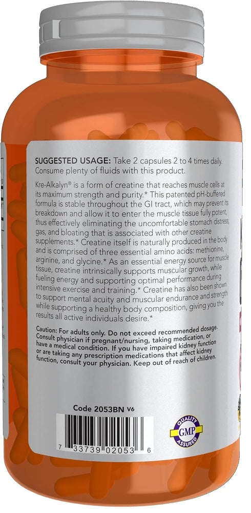 NOW Sports Nutrition Kre-Alkalyn Creatine 750 mg - Mass Building & Energy Production, 240 Veg Capsules