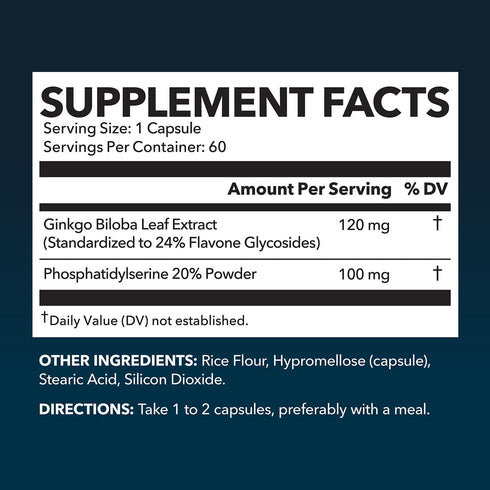 Ginkgo Biloba 120mg | Nootropic that Supports Brain Health, Mental Alertness, Memory & Focus | Energy and Focus Supplement With Ginkgo Biloba Extract and Phosphatidylserine | 60 Non-GMO Capsules