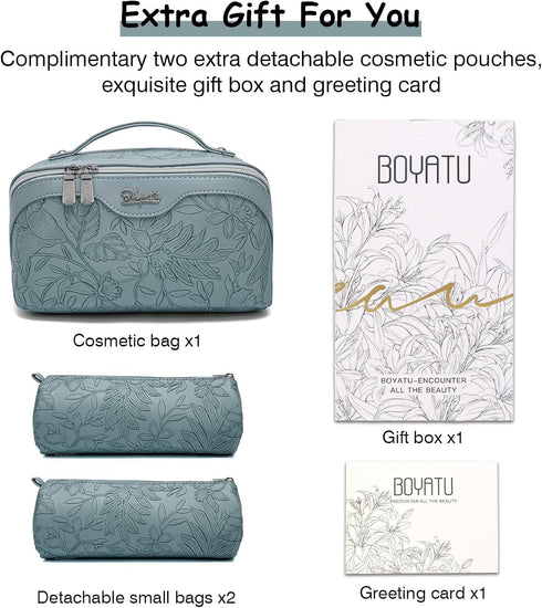 Travel Makeup Bags Cosmetic Organizer: 3-Set Large Capacity PU Leather Toiletry Bag for Women (Light Blue)