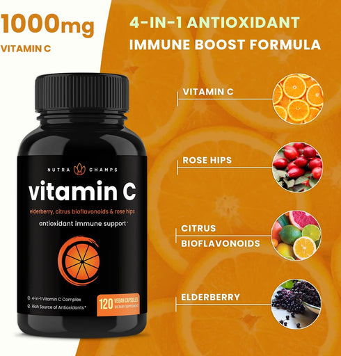Vitamin C 1000mg with Rose Hips, Elderberry & Citrus Bioflavonoids, Kids Immune Boosting Supplement, 500mg Capsules