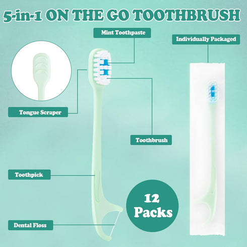 5-in-1 Travel Toothbrush Set - Prepasted Mini Toothbrushes with Toothpaste, Tongue Scrapers, Floss, Pick, Mint, 12 Pack