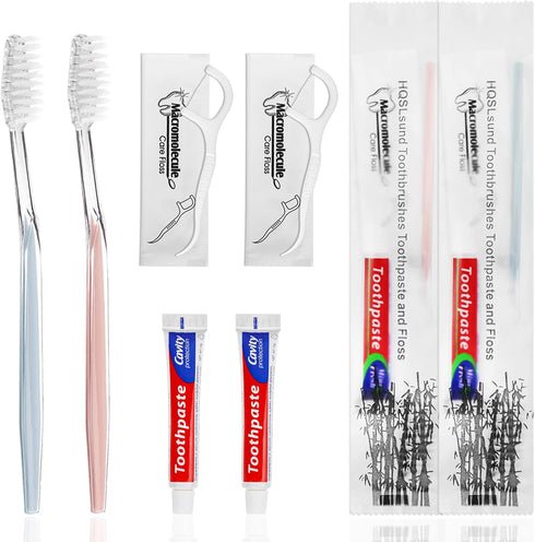 100 Pack Disposable Toothbrushes with Toothpaste Floss, Individually Wrapped Travel Kit for Homeless, Airbnb