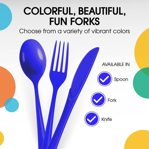 50 Pcs Heavy Duty Dark Blue Disposable Plastic Forks, Dark Blue Plastic Cutlery