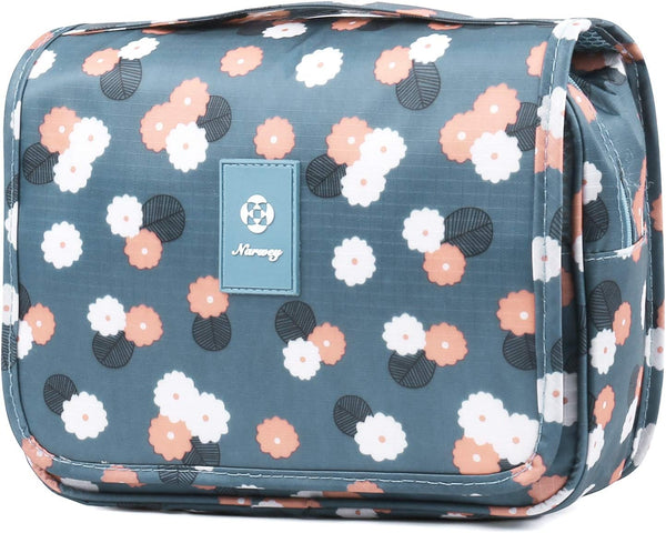 Narwey Hanging Toiletry Bag for Women, Travel Makeup Organizer for Toiletries, Blue Flower