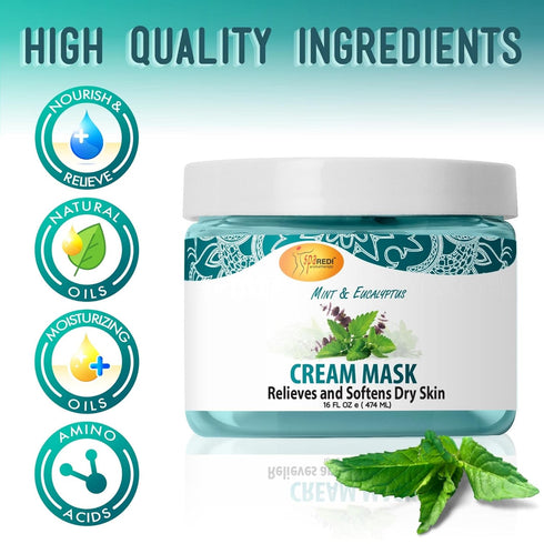 SPA REDI Body and Foot Cream Mask, Mint and Eucalyptus, 16 Oz, Hydrating Pedicure Massage for Tired Feet