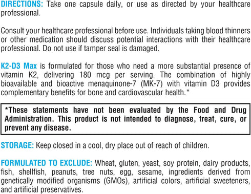 XYMOGEN K2-D3 Max - Vitamin D3 K2 with 180mcg VIT K Per Capsule, Bioavailable Vitamin D 5000 IU (Cholecalciferol) for