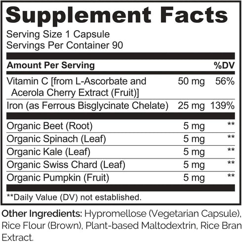 NATURELO Vegan Iron Supplement with Vitamin C, Organic Whole Foods - Gentle Iron Pills for Women & Men, 90 Mini Capsules
