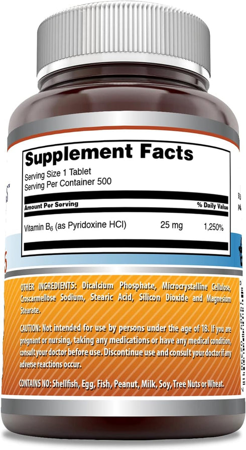 Amazing Formulas Vitamin B6 Pyridoxine 25mg Tablets - 500 Tablets, Non-GMO, Gluten Free, Made in USA