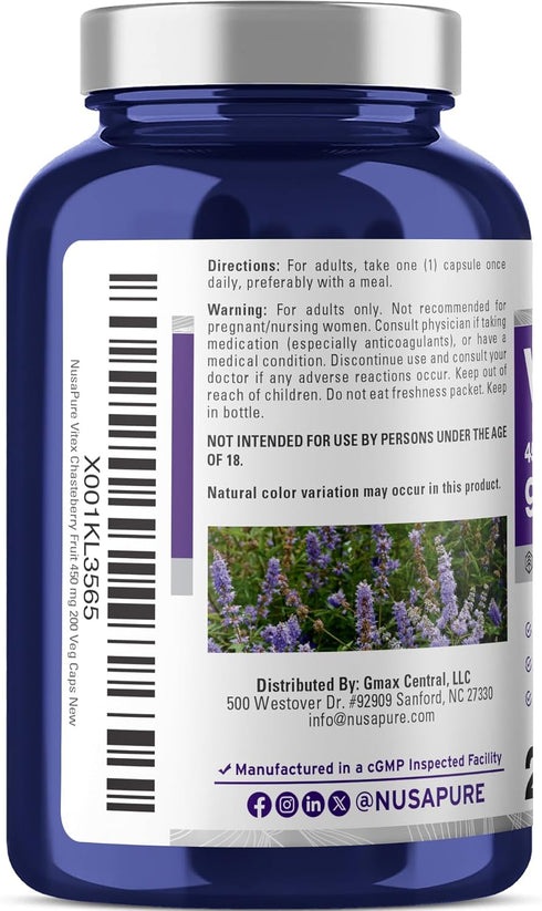 NusaPure Vitex Chasteberry Fruit Extract, 450 mg, 200 Vegan Capsules, Non-GMO