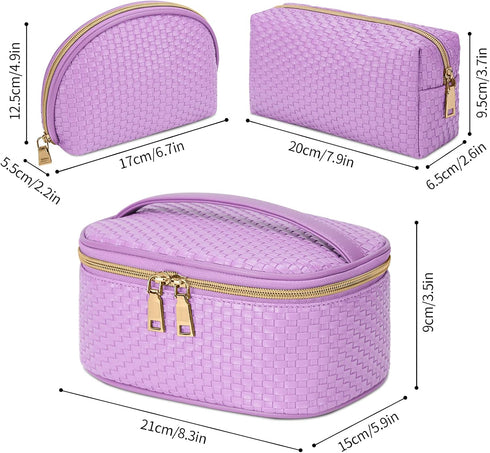 KTMOUW 3 Pcs Waterproof Makeup Bag Set, Portable Travel Organizer Toiletry Bag for Women, Purple Weave