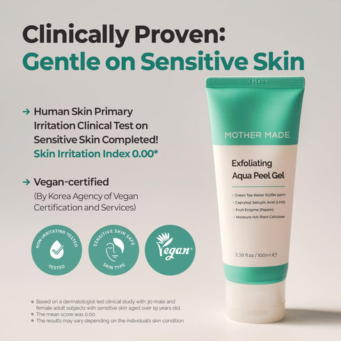 MOTHER MADE LHA Green Tea Exfoliating Aqua Peel Gel, Gentle Facial Exfoliant, Vegan Korean Skincare (100ml)