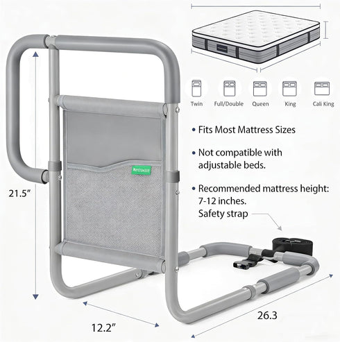 Xentrawave 350 LBS, Bed Rails for Elderly Adults, ASTM Approved Bed Assist Rail with Dual Non-Slip Handles for Easily