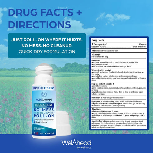 WelAhead 5% Lidocaine Roll On | Maximum Strength Topical Pain Relief with Aloe Vera | Fast Acting | No Mess Applicator