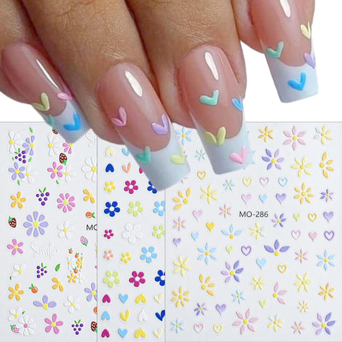 Flower Nail Art Stickers, 5D Embossed Self-Adhesive Decals, Spring Daisy Nail Design for Women Girls DIY Decoration