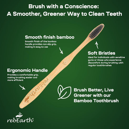 Set 4 rebEarth Bamboo Aesthetic Toothbrush Wood of | Ultra Soft Bristles | Black Charcoal Infused | American Brand |