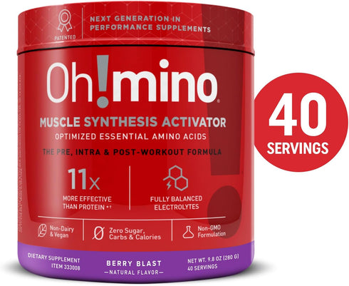Oh!mino Amino Acid Energy Blend - Pre-Post Workout Powder, BCAA Amino Acids, 280 g, 40 Servings, Caffeinated Berry Blast