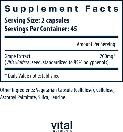 Vital Nutrients Grape Seed Extract 100mg, Potent Antioxidant for Circulation, Capillary, and Vein Health (90 Capsules)