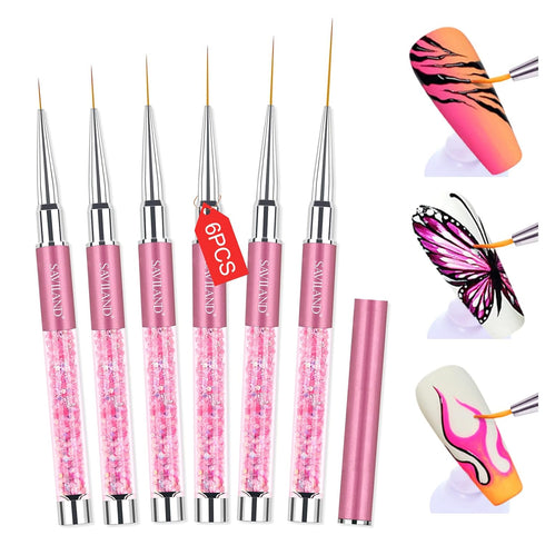 SAVILAND 6pcs Nail Art Liner Brushes Set, Gel Polish Painting Brushes with Crushed Diamond Handle for Nail Art Design