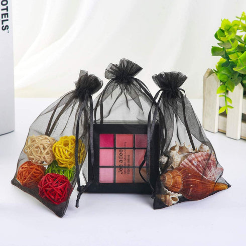 100 Pcs Per Pack 5x7 Black Gifts Wrap Bags, Organza Sheer Fabric Drawstring Transparent Mesh Bags for Favor