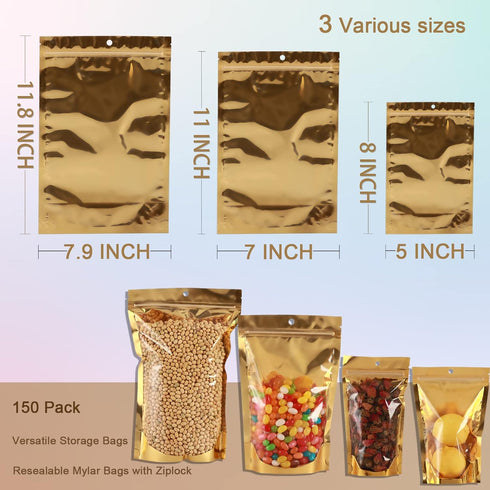 150 Pcs Mylar Bags 5x8 for Food Storage, Resealable Stand Up Bags with Window, Smell Proof Candy Cookie Jewelry