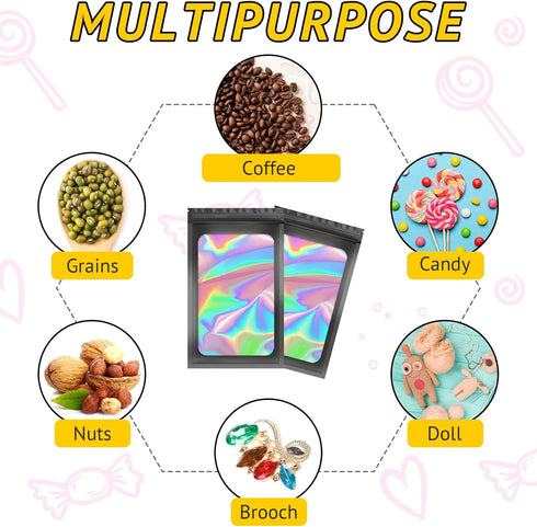 100 PCS Smell Proof Bag - Holographic Packaging Bags for Small Business, Resealable for Food Storage