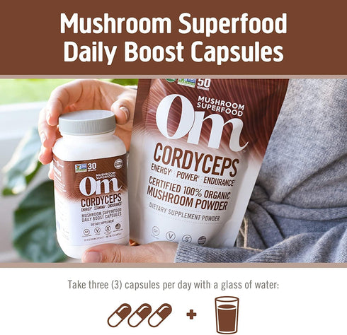 Om Mushroom Superfood Cordyceps Mushroom Capsules - 90 Count, Superfood Supplement for Energy, Power & Stamina