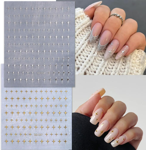 8 Sheets Star Nail Art Stickers, Gold Silver Shiny Star Nail Design, Nail Art Supplies for Women