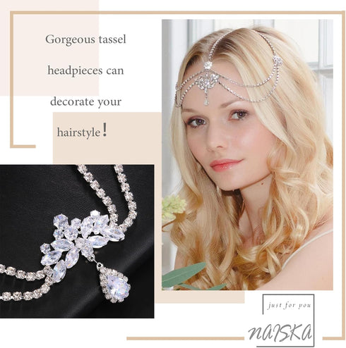 NAISKA Boho Layered Gold Head Chain, Turquoise Tassel Hair Jewelry for Women and Girls, Festival Prom Party