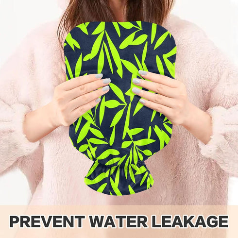 miaozhen 2L Neon Green Leaf Dark Blue hot Water Bottle with Soft Cover Warm Water Bottle for Bed for Menstrual Cramps