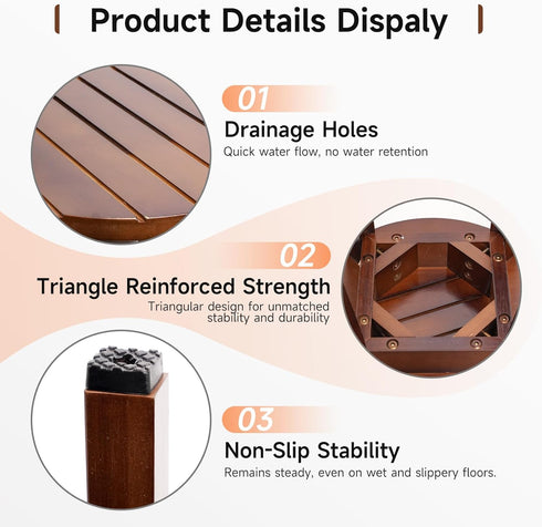 16 Inch Round Bamboo Waterproof Shower Bathroom Stool Chair, Duty Wooden Bath Corner Shaving Legs Bench Seat (Walnut