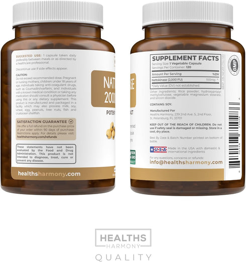 Healths Harmony Nattokinase 2000 FU - Powerful Nattokinase Supplement from Naturally Fermented Soybeans (120 Vegan