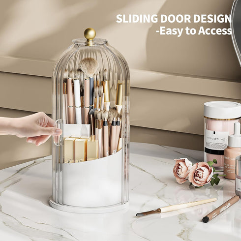 Makeup Brush Holder Organizer, 360 Rotating Makeup Brush Organizer Cosmetics Make up Brush Organizer for Vanity, Waterproof Dustproof Makup Brush Storage for Bathroom Countertop, White-Clear by MSHOMELY