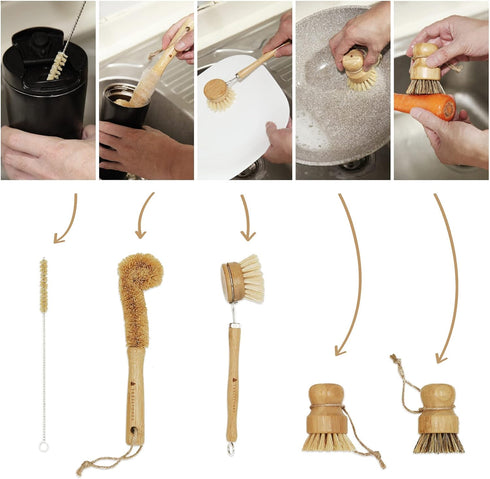 TRESSTONES Set Natural Bamboo Dish Brush with Holder - Eco Friendly Wooden Dish Brush