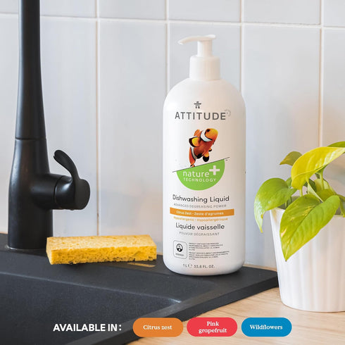 ATTITUDE Dishwashing Liquid, EWG Verified, Vegan, Plant Based, Citrus Zest, 33.8 Fl Oz
