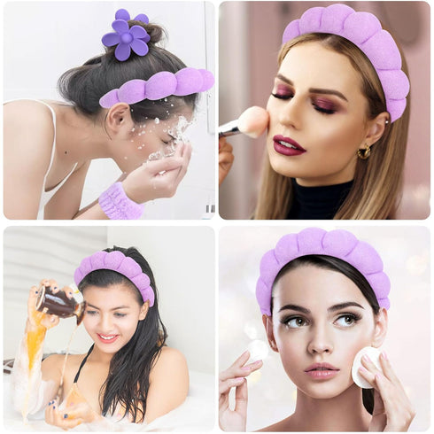 YISSION Purple Spa Headband & Wristband Set, Skincare Headband & Wrist Bands for Washing Face, Makeup Hair Scrunchies