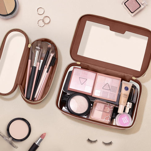 Travel Clear Makeup Bag with Brush Bag, Portable Waterproof Cosmetic Organizer Storage Bag for Women, Brown