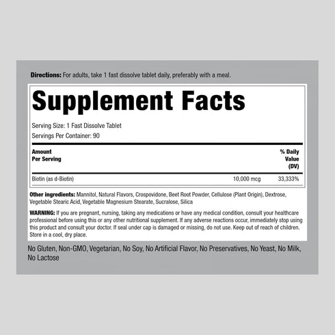 Piping Rock Biotin 10000mcg | 90 Berry Flavor Tablets | Max Strength and Highly Absorbable | Fast Dissolve | Sublingual, Vegetarian, Non-GMO, Gluten Free Supplement