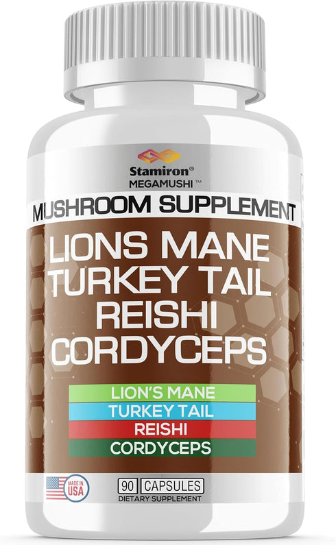 Stamiron Lions Mane Supplement with Turkey Tail & Cordyceps Extract, 90 Count