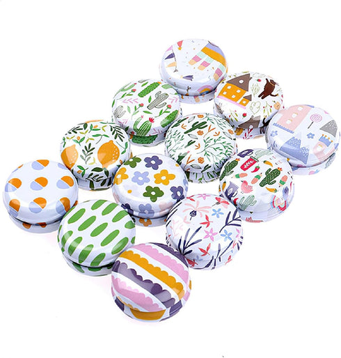 Rarapop 12 Pack Mini Round Reusable Candle Tin Jars with Lids, 20ml Cartoon Travel Empty Container for Lip Balm, Salve,