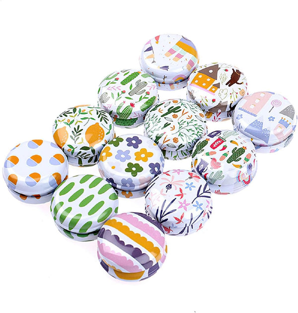 Rarapop 12 Pack Mini Round Reusable Candle Tin Jars with Lids, 20ml Cartoon Travel Empty Container for Lip Balm, Salve,