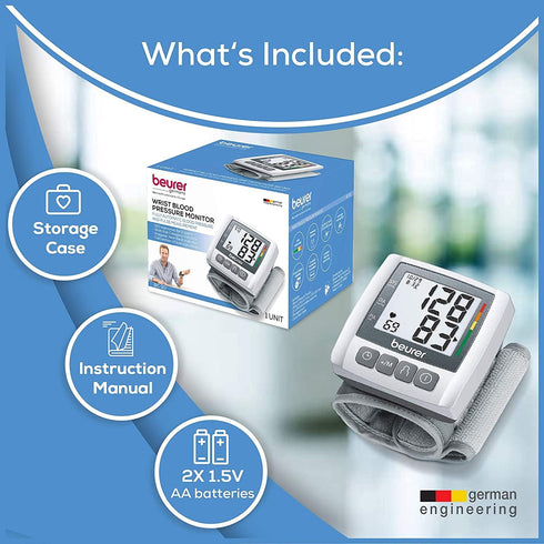 Beurer Wrist Blood Pressure Machine with Adjustable Cuff, Automatic & Digital Monitor, 2x60 Memory Reading, XL LCD
