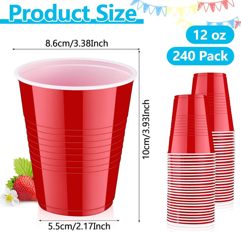 PLMMOUT 240 Pack Cups,12 oz Red Plastic Shot Cups, Disposable Party Cup, Red Plastic Drinking Cup for Wedding Picnics