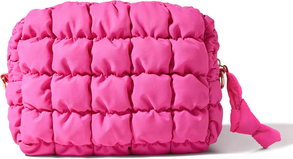 Quilted Makeup Bag, Cute Travel Toiletry Organizer for Women, Hot Pink Puffer Makeup Pouch (M, Hot Pink)