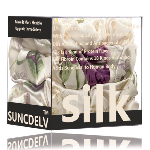 Suncdelv 100% Silk Scrunchies for Hair 22 Momme Hair Ties Anti-Crease & Breakage 3PCS (Flower)