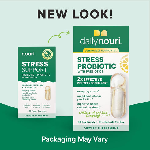 Nouri Stress Support Daily Prebiotic & Probiotic Capsules with Plant-Based Omega Oil, PreForPro Bacteriophage for Cortisol Management and Daily Stress Support