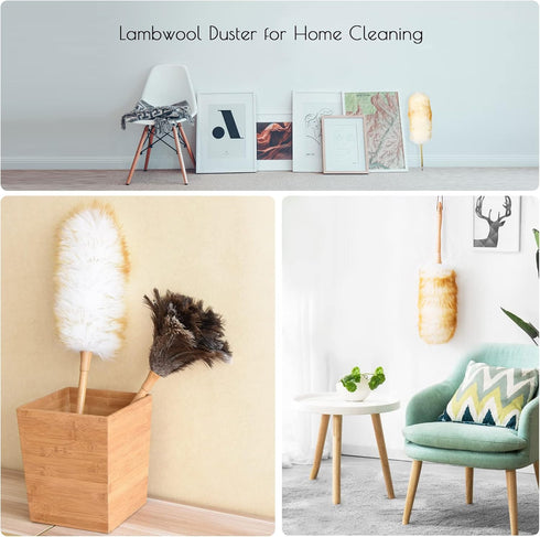 Lambswool Duster 14'' Length, Solid Wooden Handle for Cleaning Ceiling Fans, Window Blinds, Natural Feather Duster, Pink