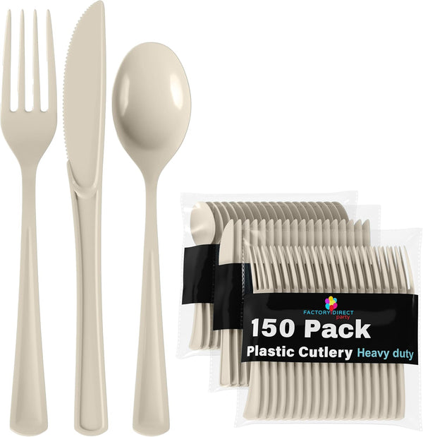 150 Pack Ivory Plastic Cutlery Set, Heavy Duty Disposable Utensil Sets, 50 Forks, 50 Spoons, 50 Knives for Party